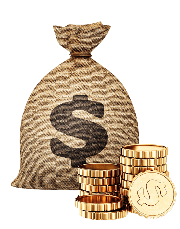 Money bag with dollar sign and stacks of gold coins.