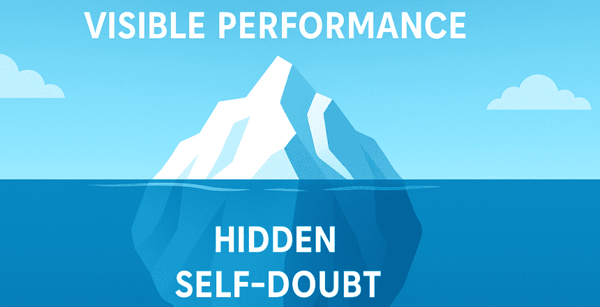 Iceberg illustration showing 'Visible Performance' above water, 'Hidden Self-Doubt' below, illustrating Impostor Syndrome.